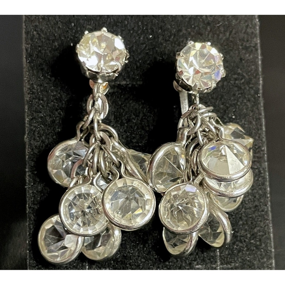 Vintage Crystal Open Bezel Earrings Clip Ons Silver Tone Dangle Screw Back MCM